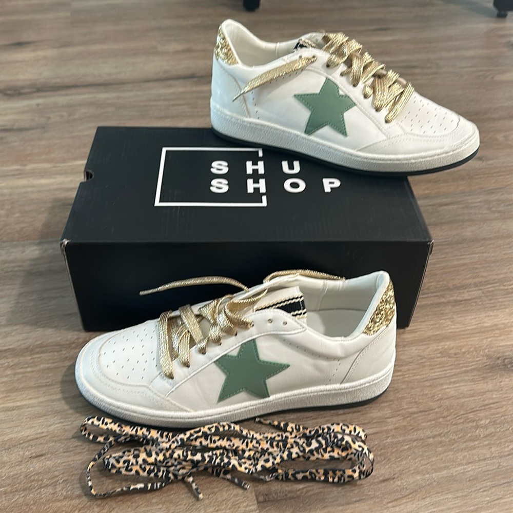 ShuShop White and Green Sneakers with Gold Accents